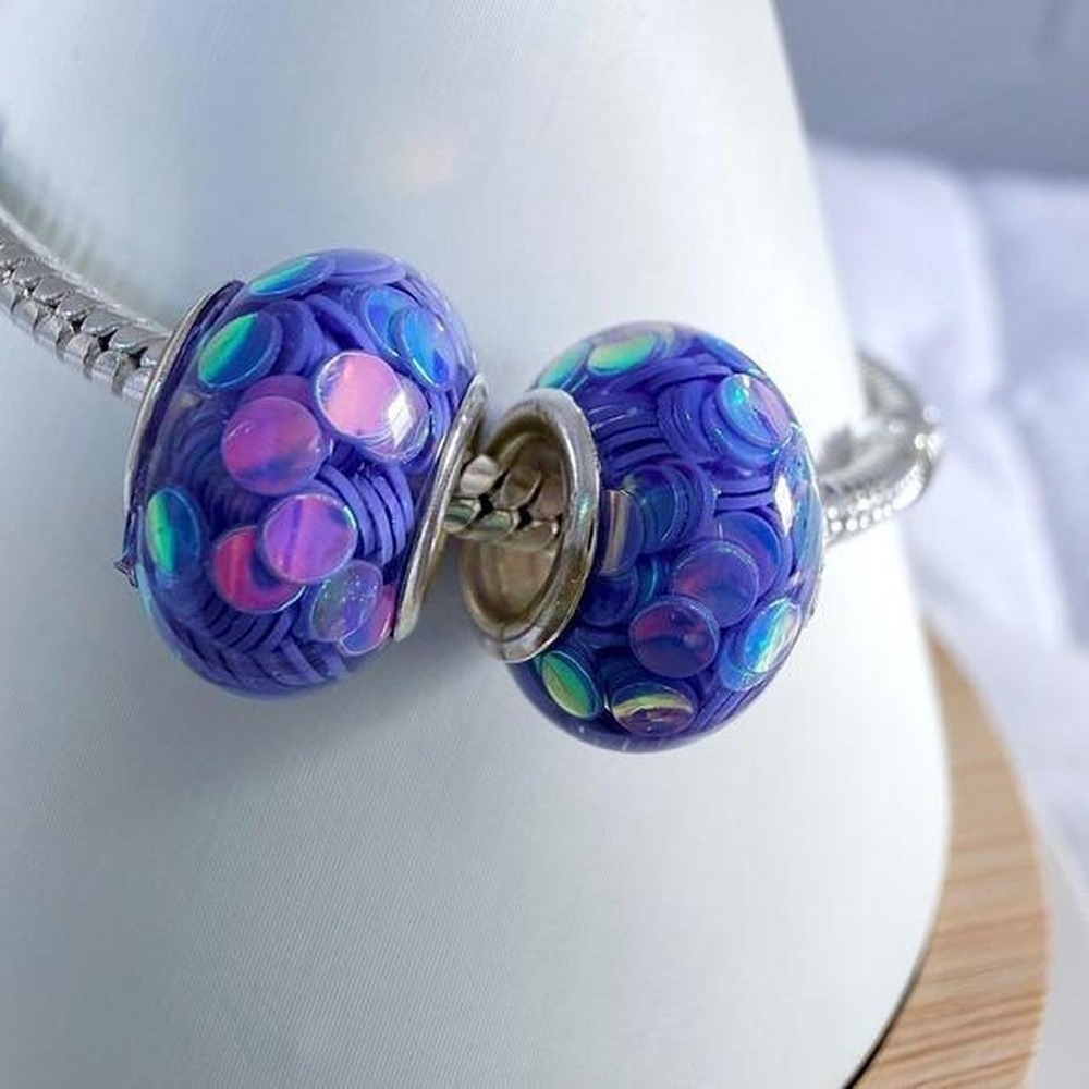 Purple Iridescent Confetti Silver Bead Charm Fits Snake Chain Bracelet - Picture 6 of 6